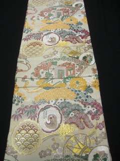 Japanese Kimono MARU OBI Crane Matsu Silk 13v5013  