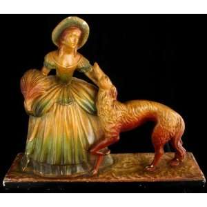   Antique French Chalkware Sculpture Lady Dog Wolfhound 