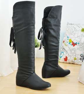 Womens PU Leather Flat Low Heel Knee High Boots Fashion Shoes US All 
