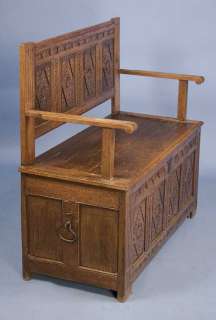 Carved Oak Antique Bench Seat Hall Chair with Lid  