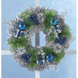  PROMOTION  Wreath 11Dia , Silver And Blue Pinecone