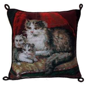   Cat Family 14 Petitipoint Needlepoint Piped Throw Pillow Home