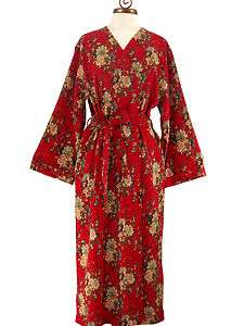 Womens Long Oriental Red Cotton Robe with Kimono Collar  Asian Beauty 