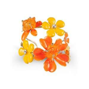  Gold Tone White CZ Orange Stone Floral Bangle Bracelet 