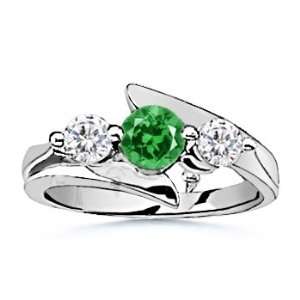 Round Lab Created Emerald and Simulated Diamond Three Stone Ring in 
