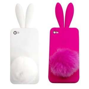  Star ® White and Hot Pink Rabbit TPU Case Cover with Ears and Tail 