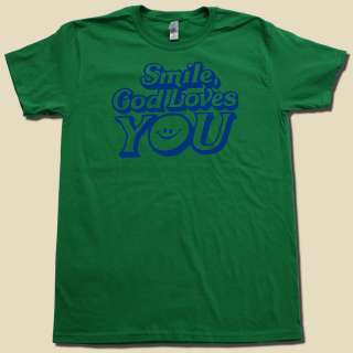 Smile God Loves You retro 70s t shirt SMILEY FACE tee  
