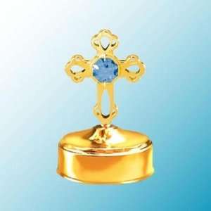  24K Gold Cross Mini Music Box   Blue Swarovski Crystal 