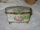 Nippon Hand Painted footed Trinket Box Jewelry PINK Roses Green Mark