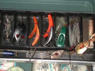   OLD UMCO FISHING LURE BOX ,REEL ,LOTS OF NICE FISHING ITEMS  