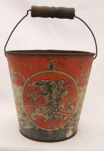 Very Old Childs Tin Sand Pail, Bucket American Flags, Eagle, Red 