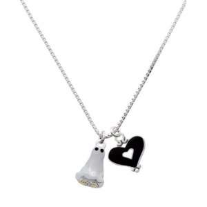  3 D Silver Ghost with Black Swarovski Crystals and Black Heart 