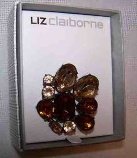 Liz Claiborne Pin Brooch AMBER & RUBY Rhinestone $36  
