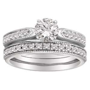 Certified 14k White Gold .70 cttw Round Center Diamond Bridal Ring Set 