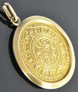   Yellow Gold Aztec Mayan Calendar Reversible Medal Charm Pendant  