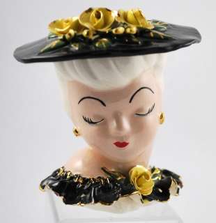 Vintage Lovely Black Yellow Floral Head Vase  
