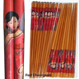   Chinese Beauty Wooden Chopstick Sets   Red Cheongsam