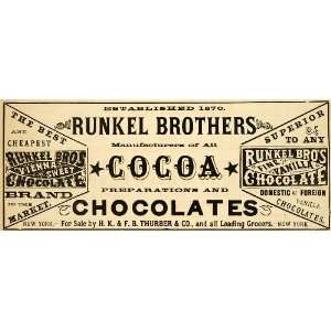  1883 Ad Runkel Brothers Cocoa Chocolate Vanilla Candy 