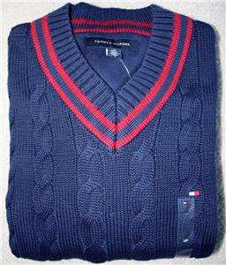 NWT Tommy Hilfiger Mens Cable V Neck Sweater 100% Cotton
