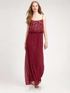 Spaghetti straps Blouson bodice Elastic waistband Allover sequins 