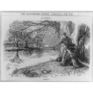     Angling,Man with long fishing pole,1865,Almanac