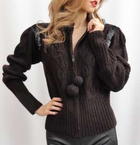 BN Sonia Rykiel Brown 100% Wool Warm Cardigan with Pom Pom UK12 L RRP 
