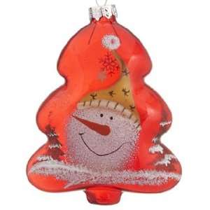   Red Glass Tree Snowman   Yellow Hat Christmas Ornament
