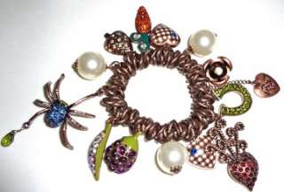 Betsey Johnson Spider Pearl Heart Charm Bronze Bracelet New Free 