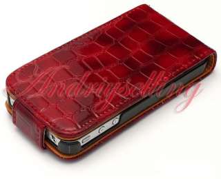 RED CROCODILE LEATHER FLIP CASE COVER FOR IPHONE 4 4G  