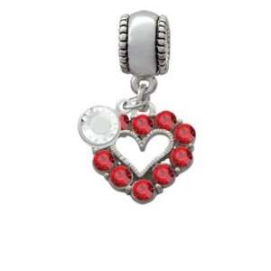 Open Heart with Red Swarovski Crystal Border Charm European Charm Bead 
