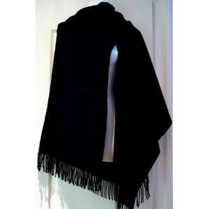 BLACK Fringed RUANA Cape Wrap Shawl, wool touch acrylic  