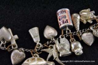 Vintage Sterling Silver Charm Bracelet Hearts Animals Skull Tank 
