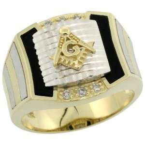 10k Gold Mens Rhodium Accented Square Diamond Masonic Ring w/ Black 