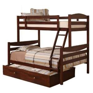  Twin Full Size Bunk Bed with Trundle in Walnut Brown 