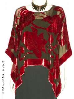 Silk Burnout Velvet Poncho Kimono Top Ruby Red & Black No Fringe Maya 