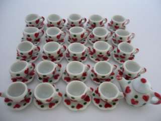 Set of 51 Green Red Heart Coffee Cup&Scalloped Plate&Teapot Dollhouse 
