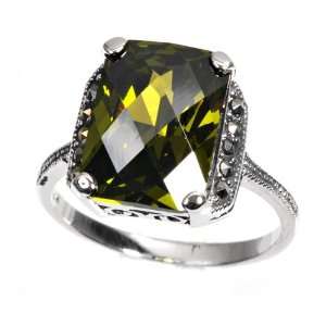  Sterling Silver Marcasite Rings with Olive Green CZ 