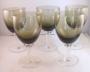 OLIVE GREEN WINE WATER GOBLETS   CLEAR SWIRL BASES (5)  