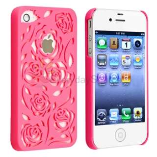Pink Carving Flower Rose Hard Cover case for iphone 4 G 4S Verizon 