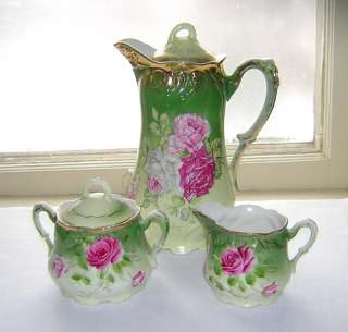 Antique Porcelain Coffee Pot Sugar Creamer Set, Roses  