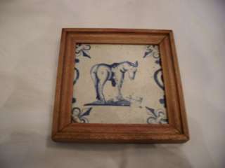 Antique framed Delft Blue TILE HORSE / DONKEY 1800s  