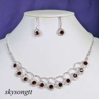   Red Rhinestone Clear Crystal Silver Necklace Earrings Set P034R  
