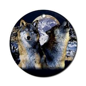  Howling Wolves Round Porcelain Christmas Ornament, 2 7/8 