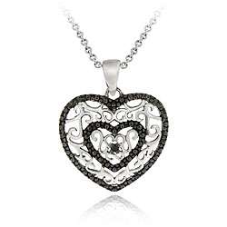   Silver Black Diamond Accent Filigree Heart Necklace  
