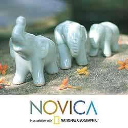 Set of 3 Ceramic Elephant Family Celadon Sculptures (Thailand 