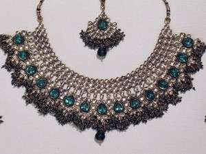 Teal Costume Fashion Jewelry Kundan Design Traditional Necklace 