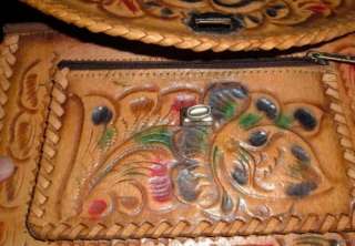 VTG Mexican Hippie Tooled Leather Handbag Purse Painted  