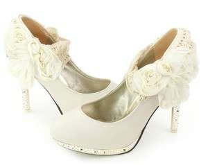 Wedding Ivory Shoes Ankle Knot Platform High Heel Lace Flowers Shoes 