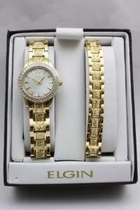 New Elgin Women Crystals Gold Bracelet Pearl Dial Watch Set 26 mm 