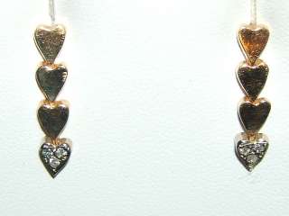 Solid 14K Yellow Gold Diamond Heart Dangle Earrings  